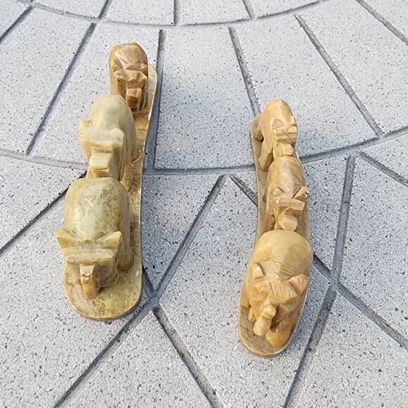 Two Soapstone Hand Carved Triple Elephant Bridge Sculptures - Picture 6 of 8